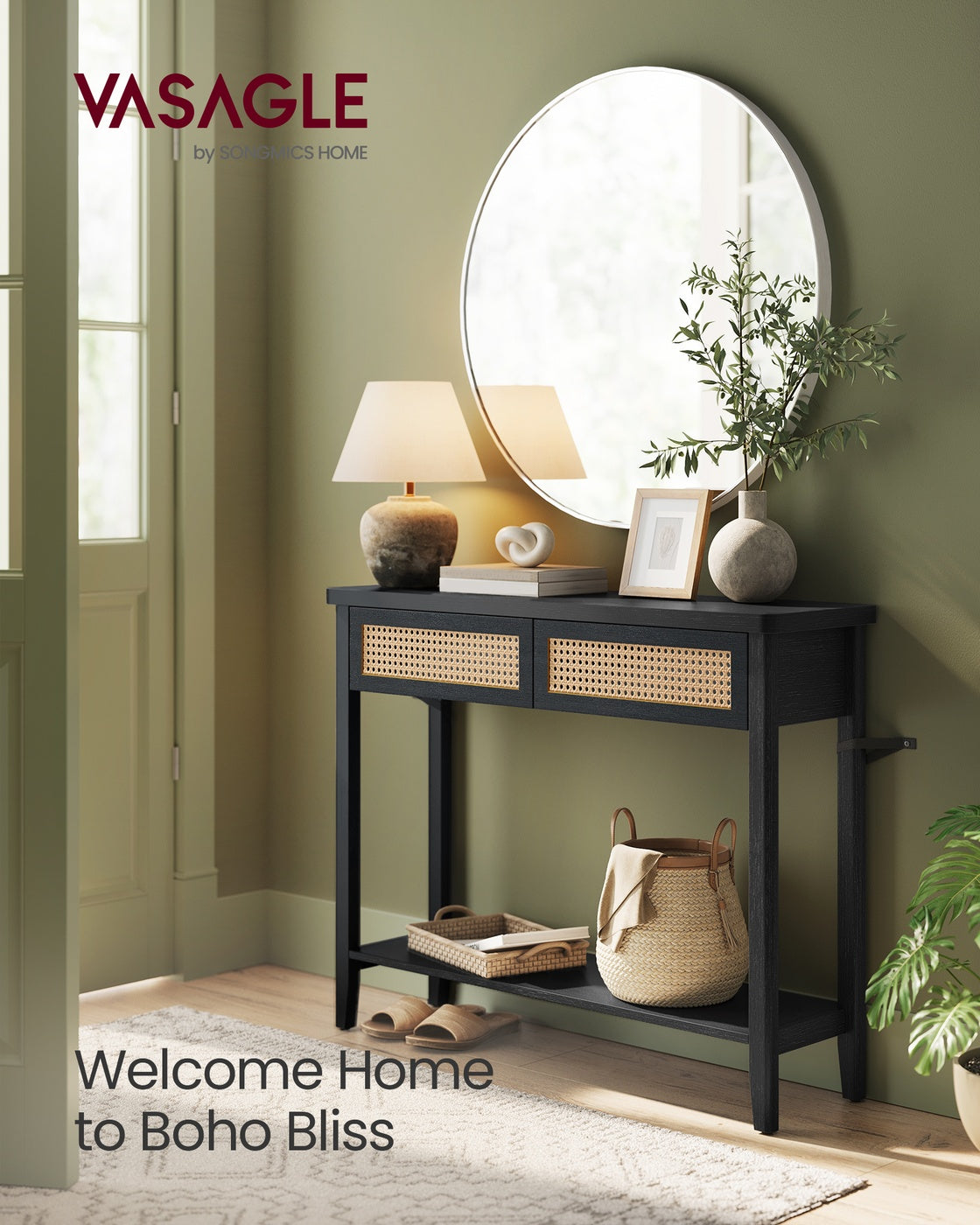Boho Console Table, 2-Drawer, Ash Black - image 2