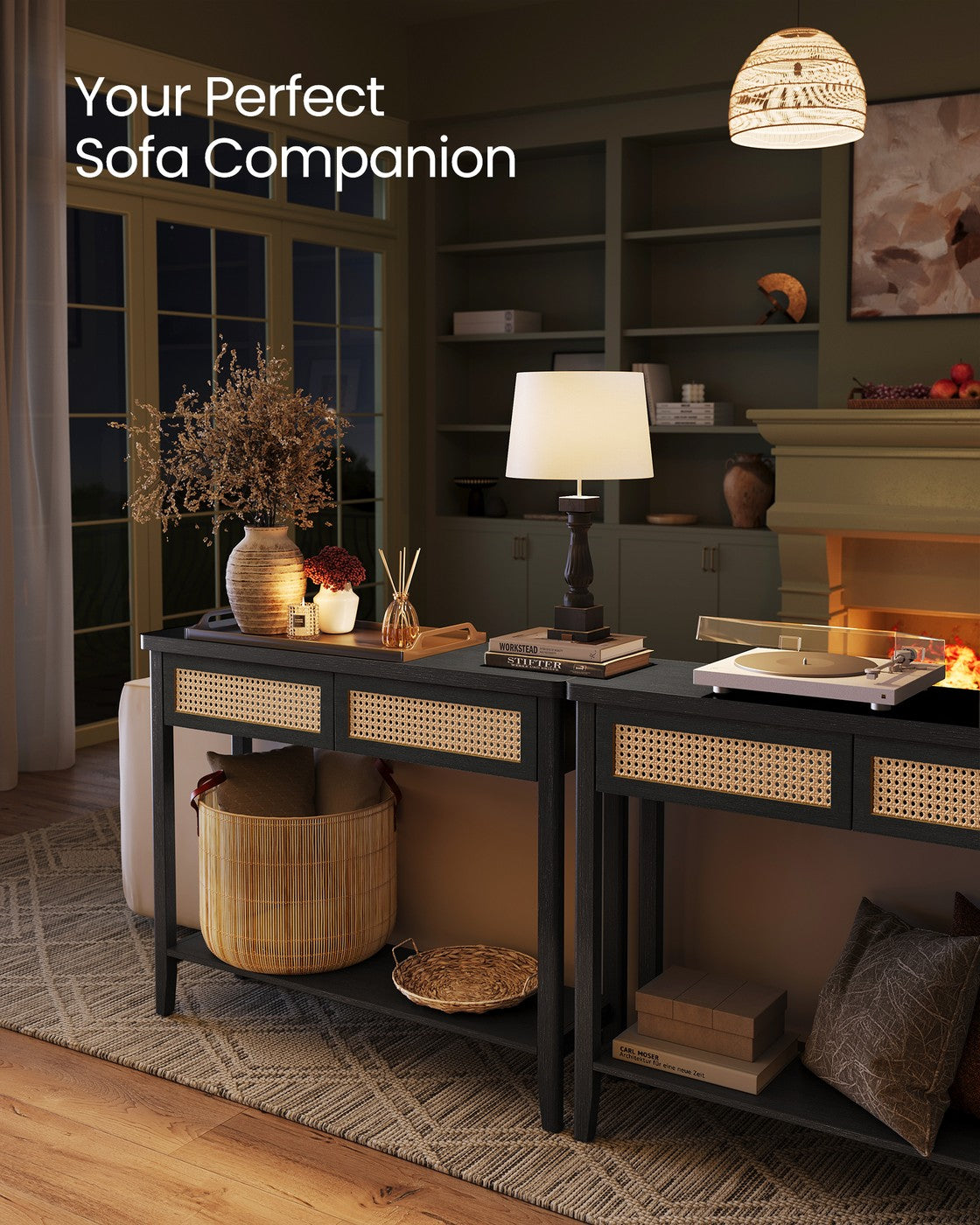 Boho Console Table, 2-Drawer, Ash Black - image 3