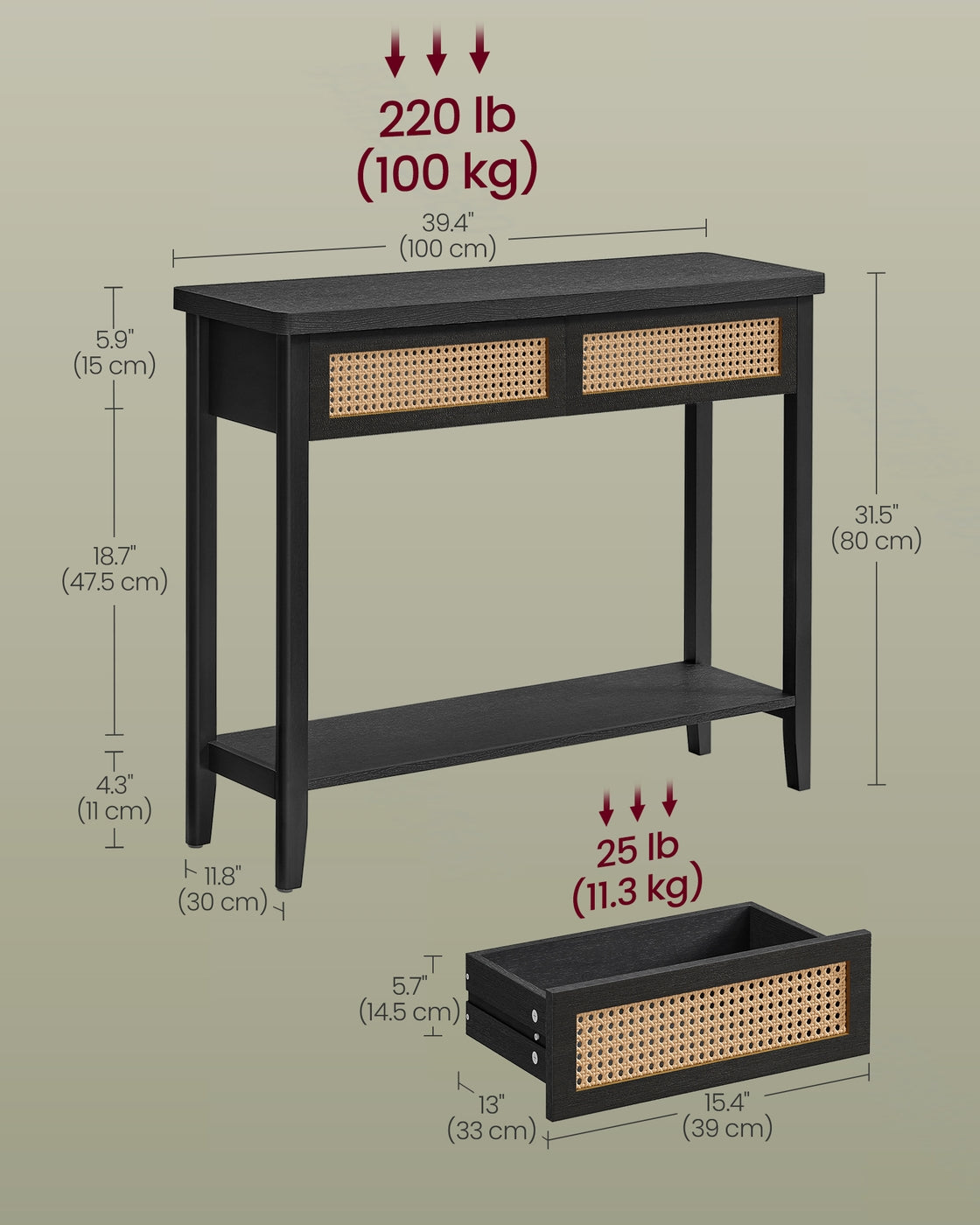 Boho Console Table, 2-Drawer, Ash Black - image 7