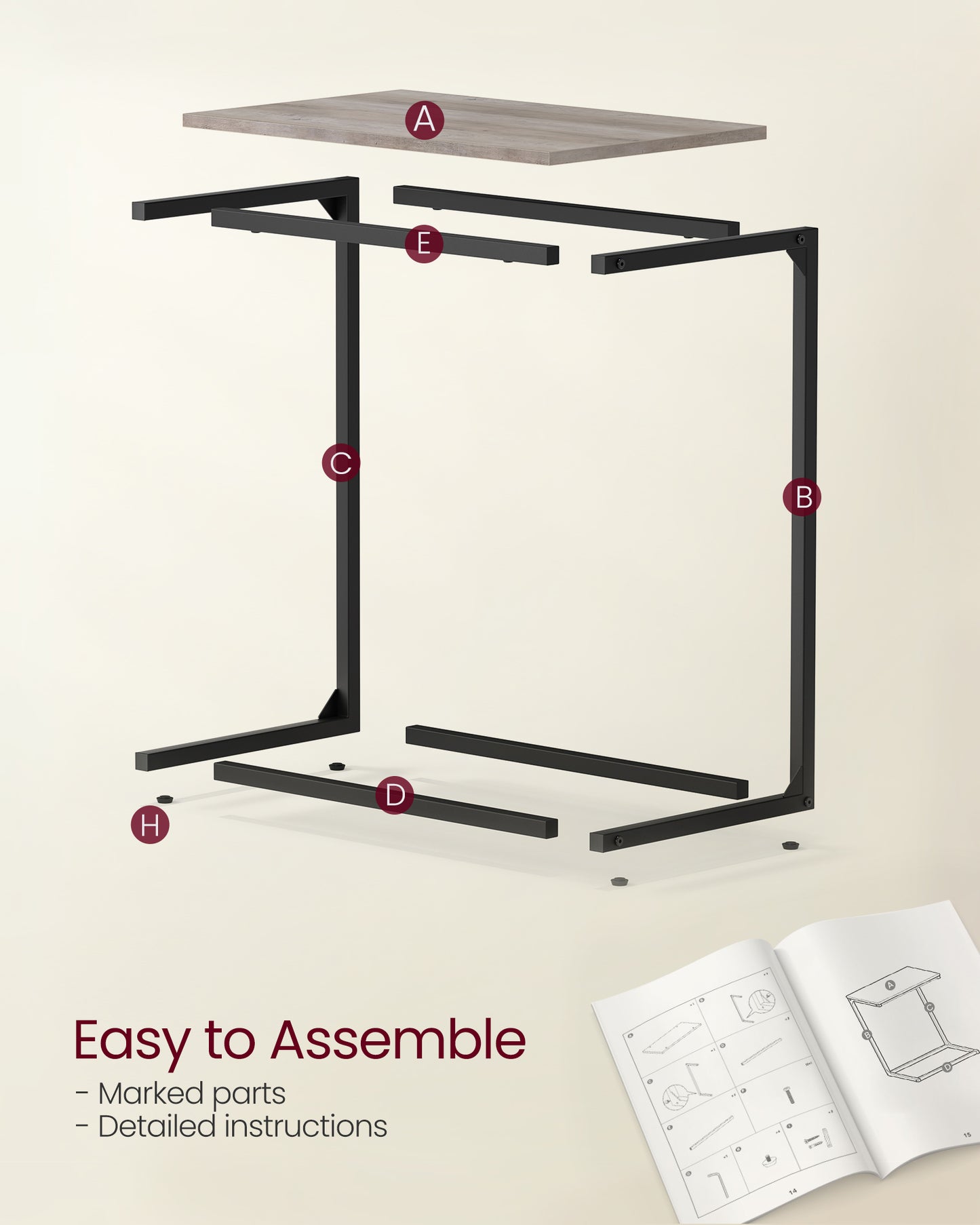 C Shape End Table, Small Coffee Table For Couch Or Sofa