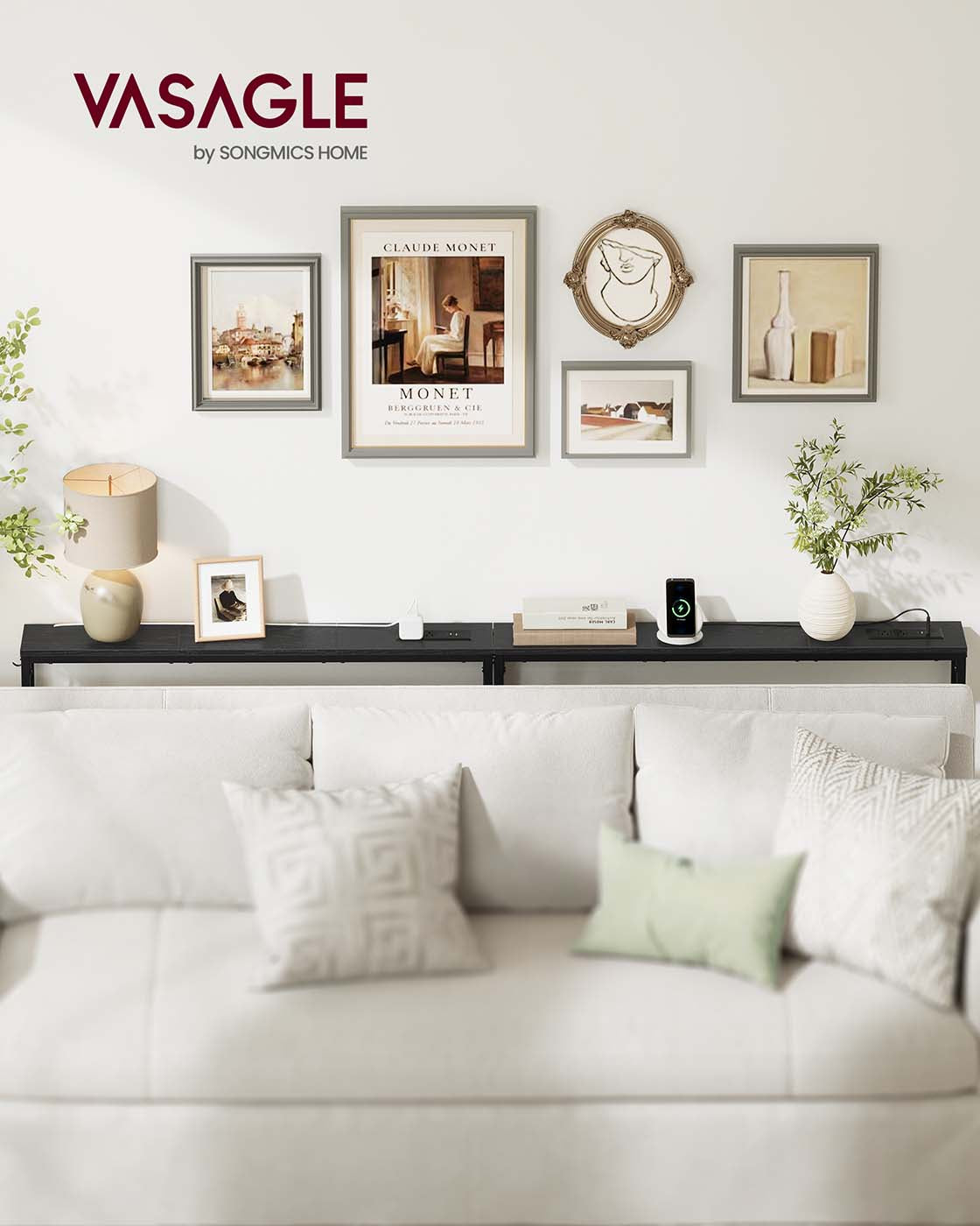 Set of two console tables with power outlets and hooks