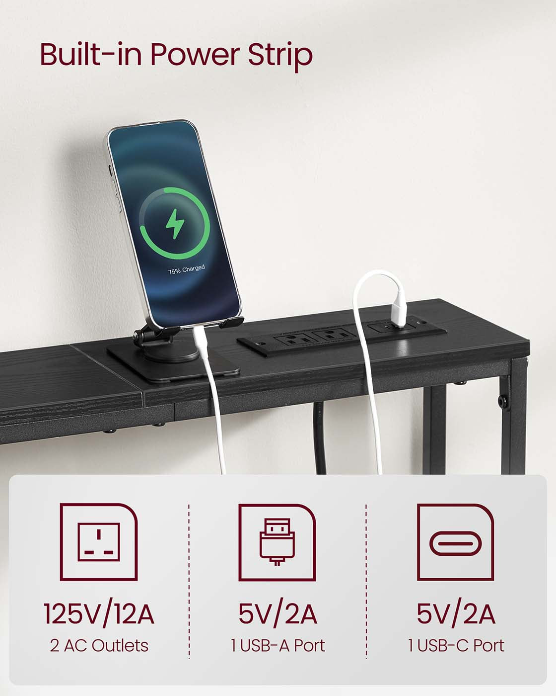 Set of two console tables with power outlets and hooks
