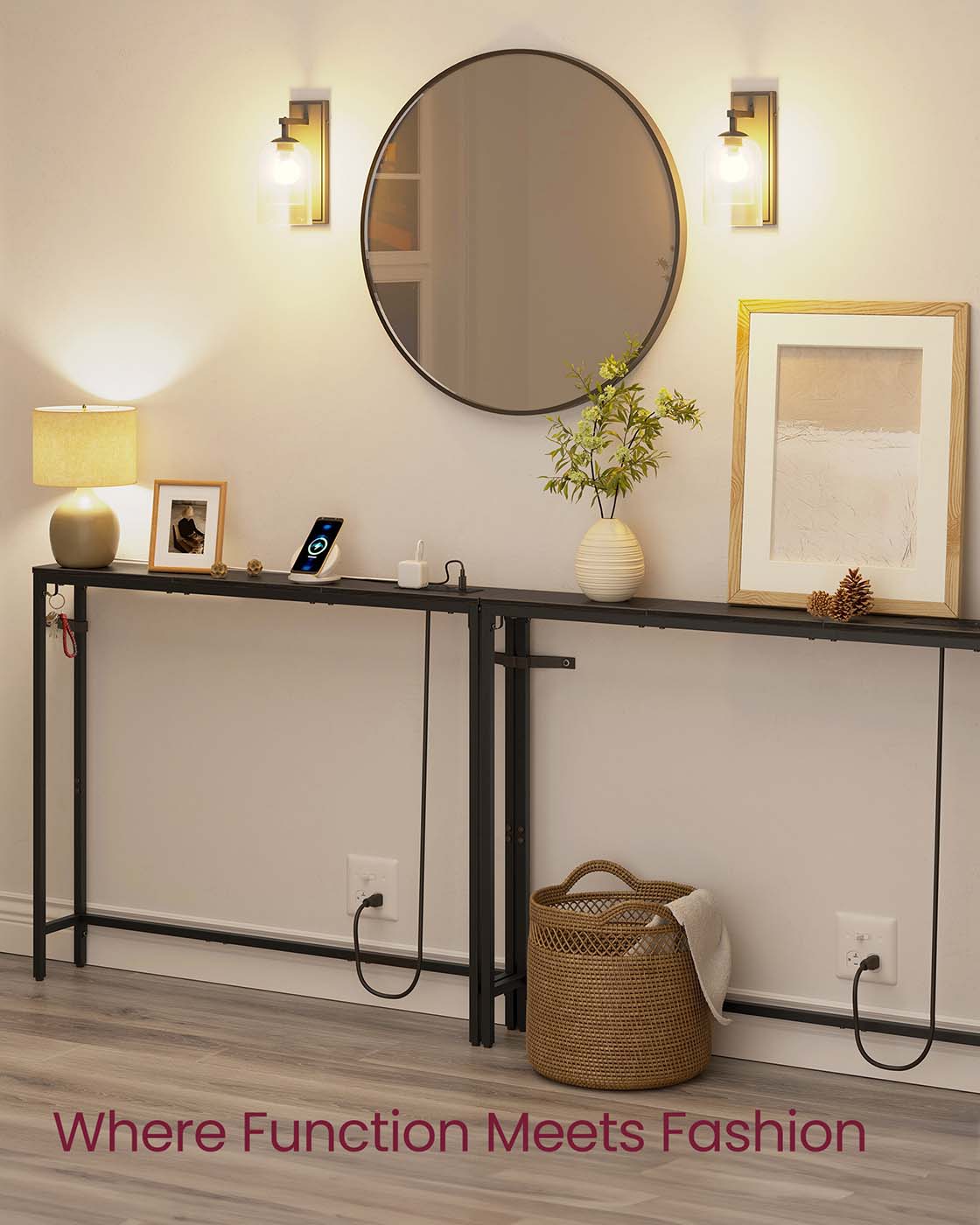 Set of two console tables with power outlets and hooks