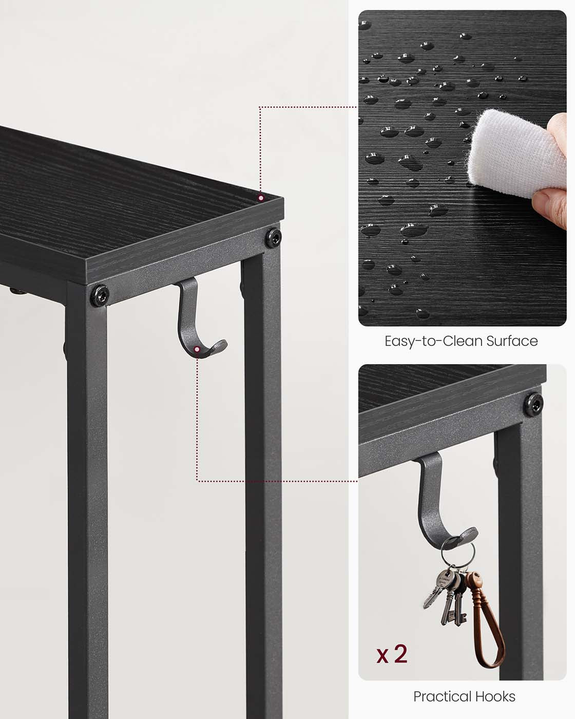 Set of two console tables with power outlets and hooks