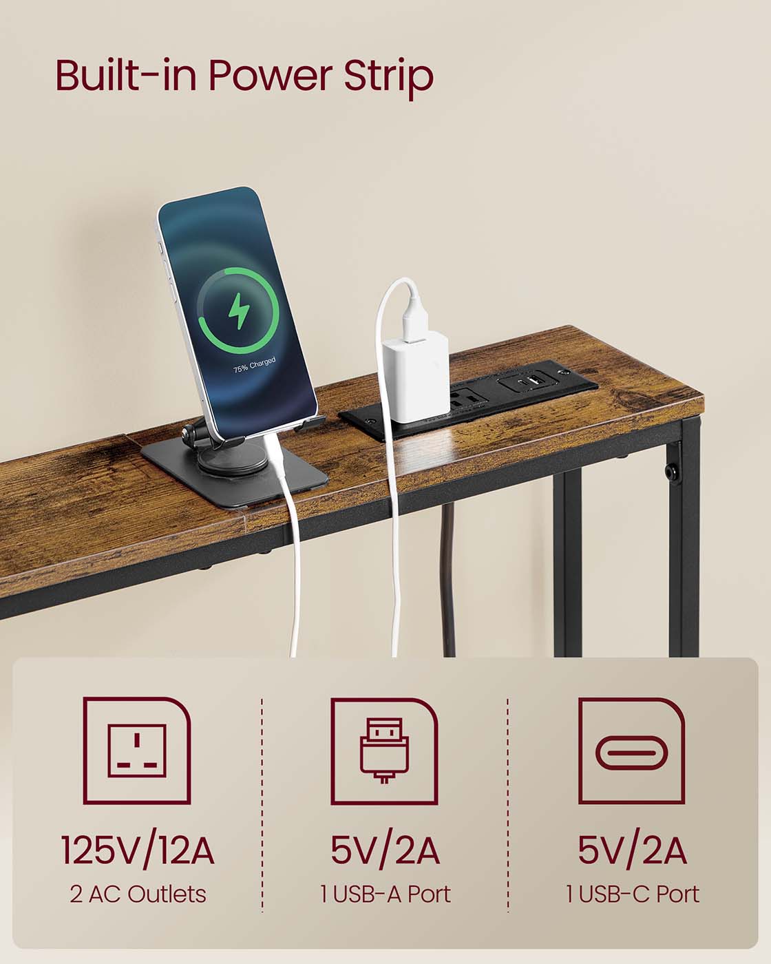 Slim console table with power outlet and hook - HWLEXTRA 