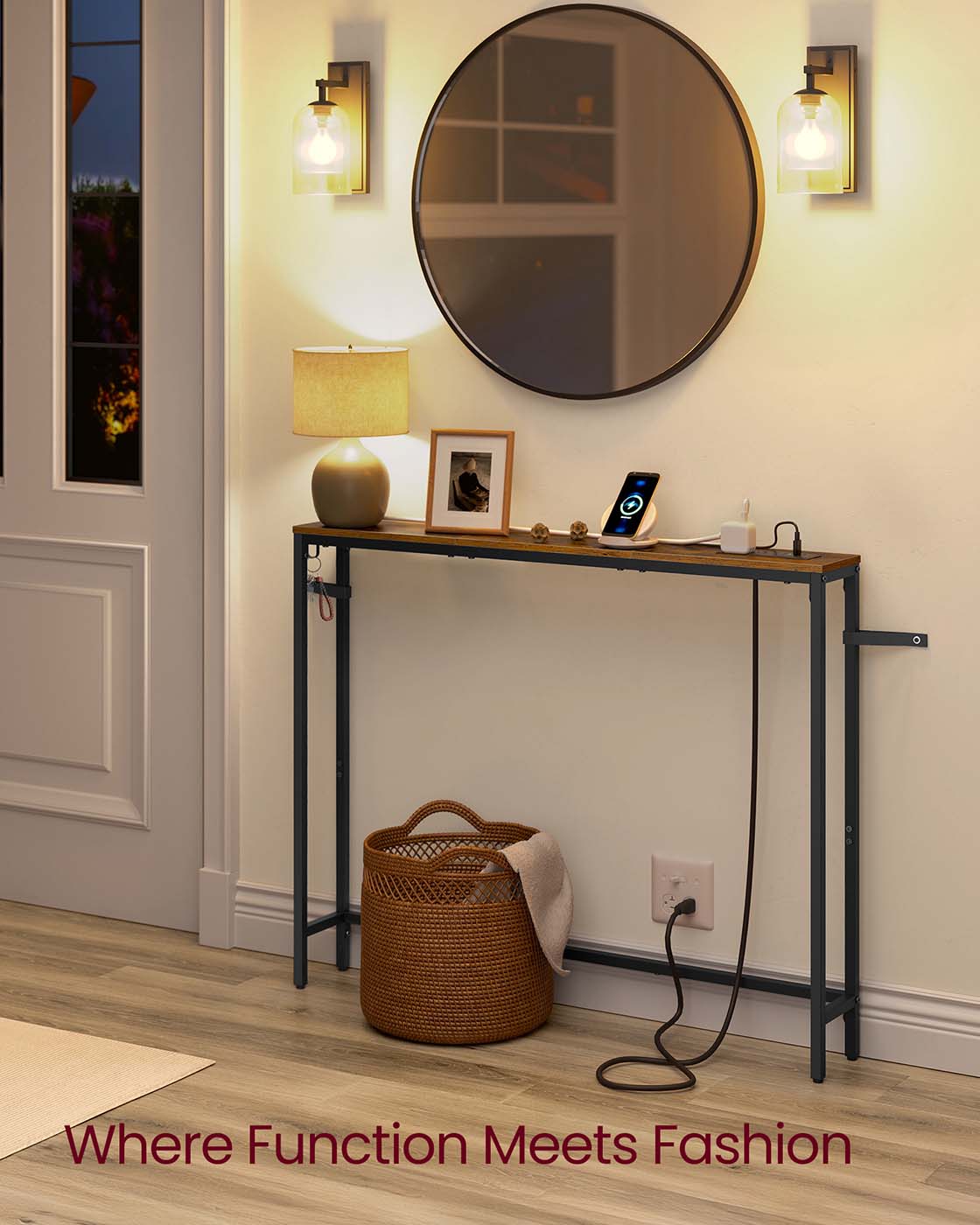 Slim console table with power outlet and hook - HWLEXTRA 