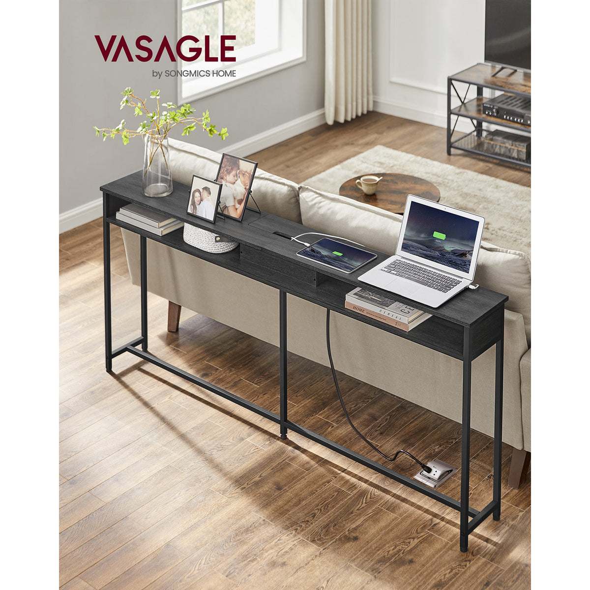 70 Inch Console Table with Outlet and Shelves - image 10