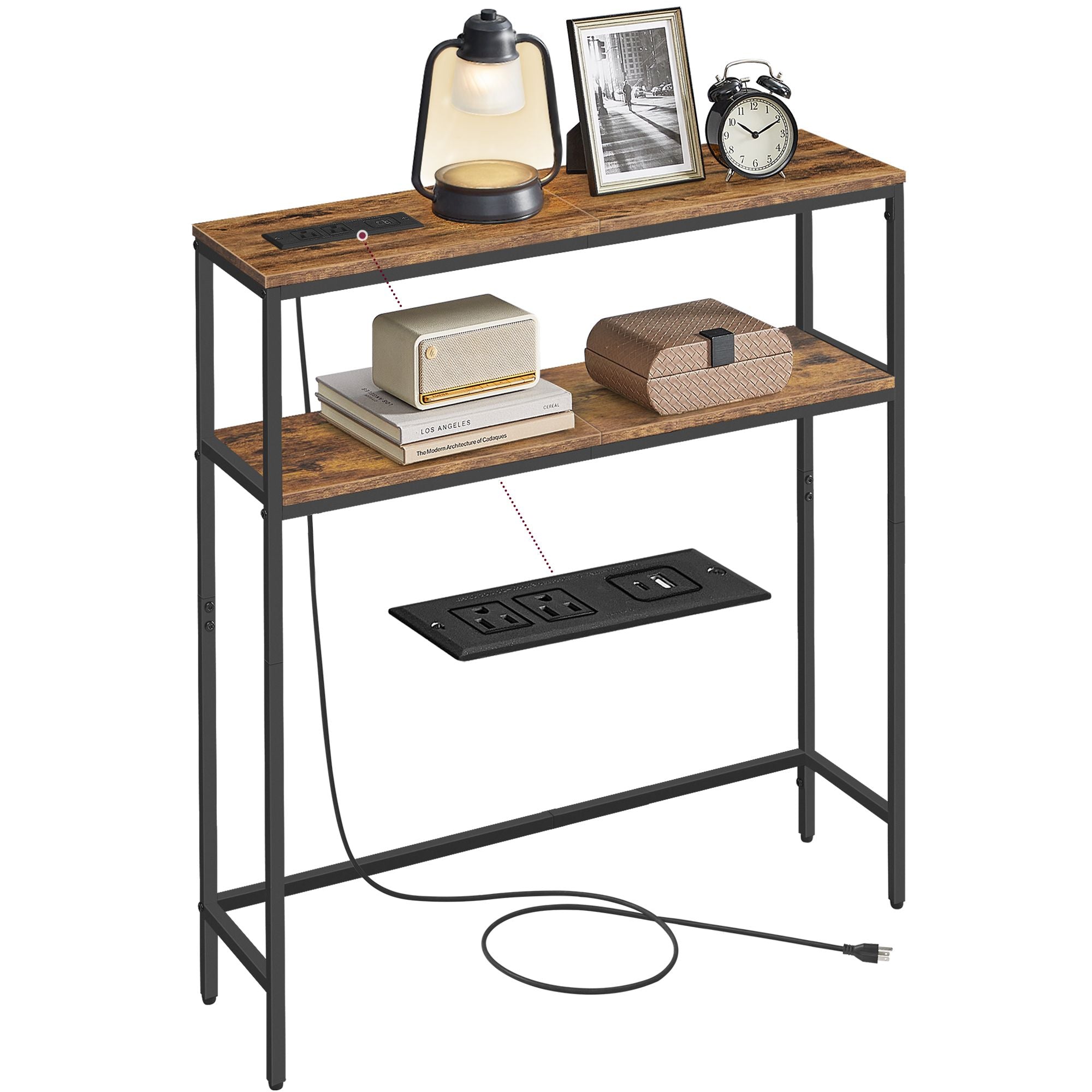 Console Table with Power Outlet, 2-Tier Narrow Sofa Table with 2 Shelves