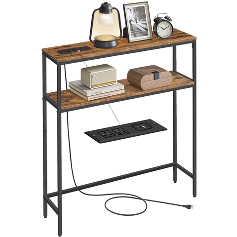 Console Table with Power Outlet, 2-Tier Narrow Sofa Table with 2 Shelves