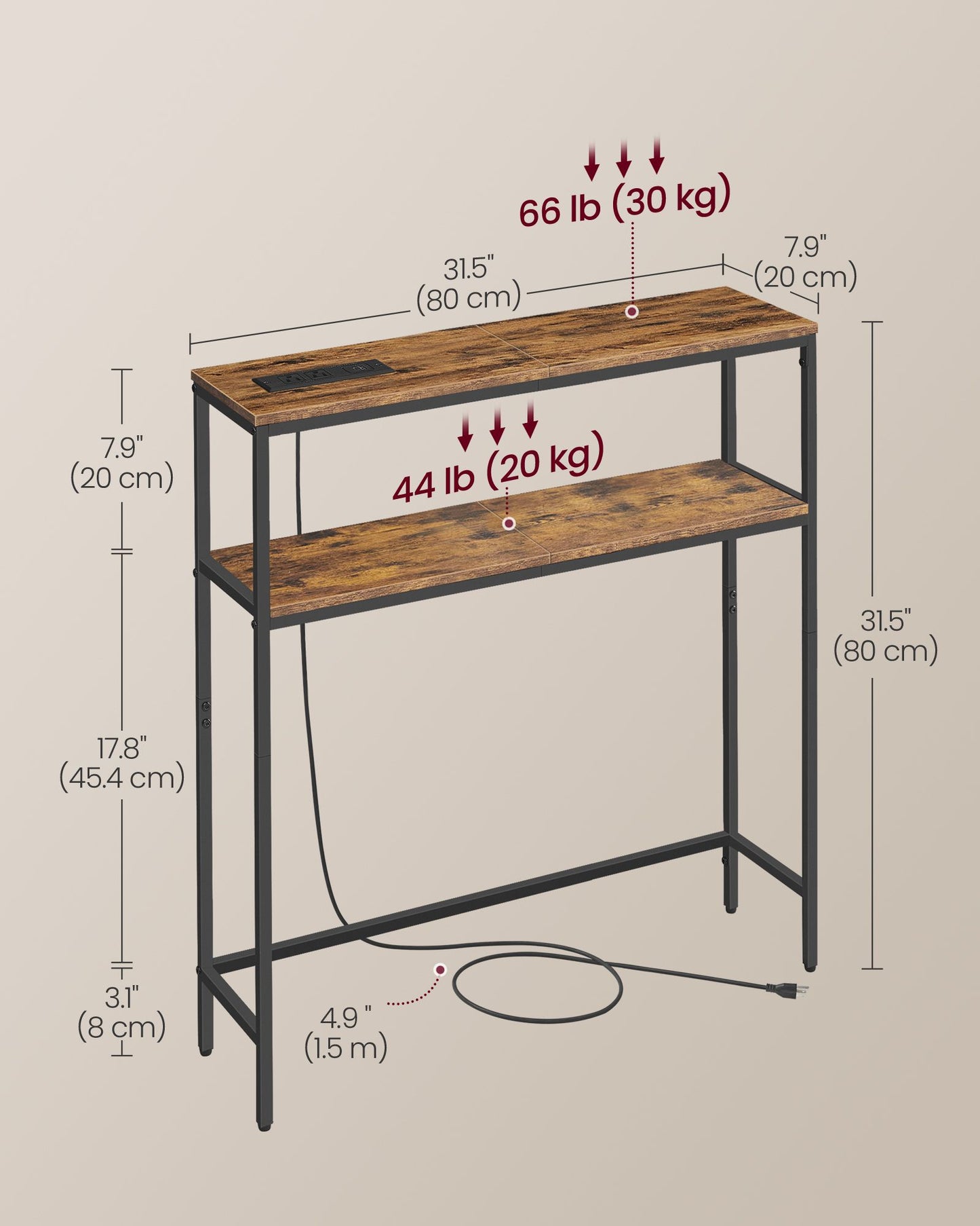 Console Table with Power Outlet, 2-Tier Narrow Sofa Table with 2 Shelves