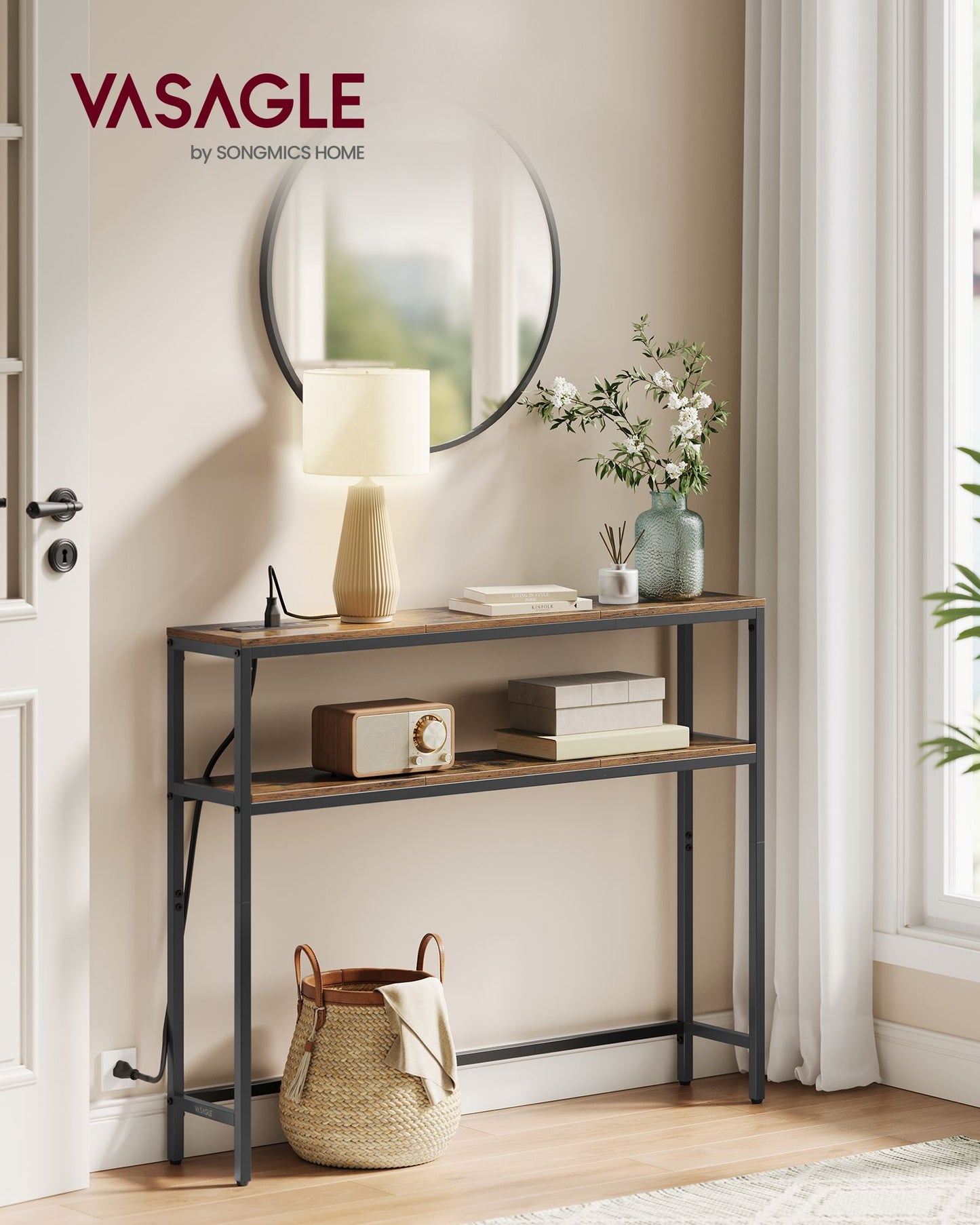 Console Table with Power Outlet, 2-Tier Narrow Sofa Table with 2 Shelves