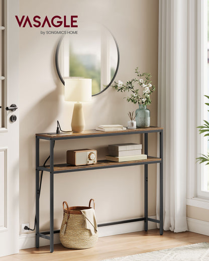 Console Table with Power Outlet, 2-Tier Narrow Sofa Table with 2 Shelves