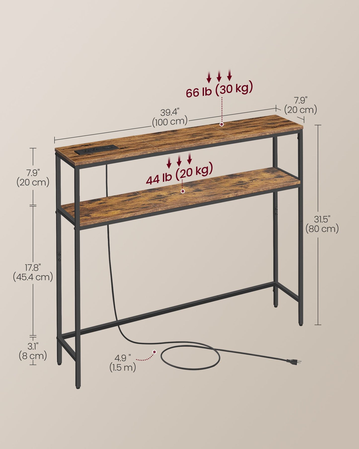 Console Table with Power Outlet, 2-Tier Narrow Sofa Table with 2 Shelves
