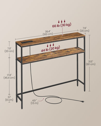 Console Table with Power Outlet, 2-Tier Narrow Sofa Table with 2 Shelves
