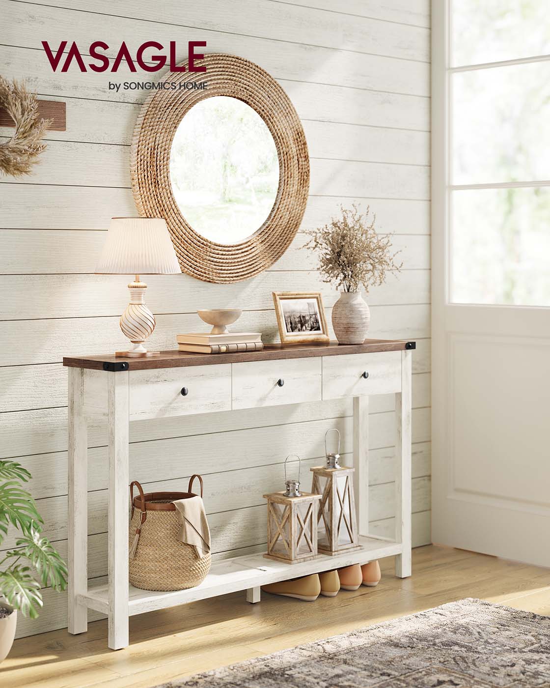 Console table with drawers and open shelf
