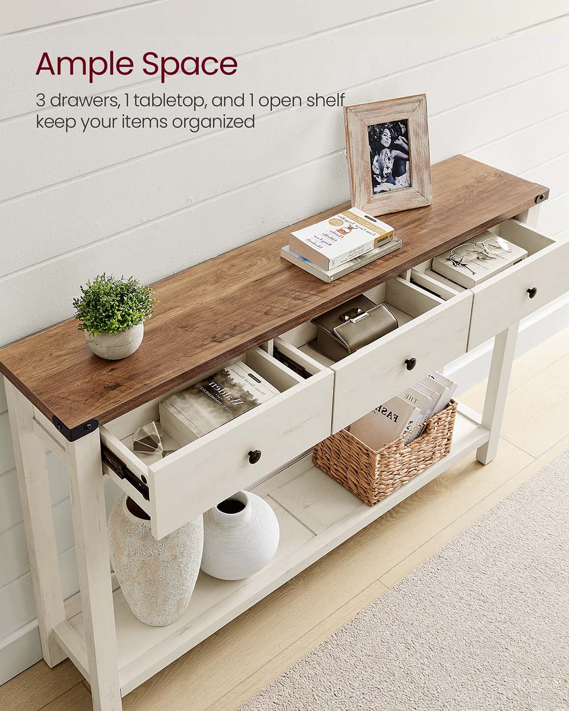 Console table with drawers and open shelf