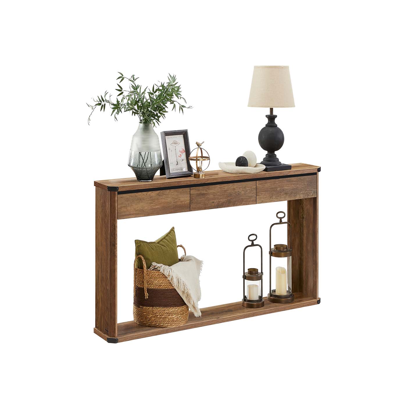 Narrow console table with drawers and bottom shelf