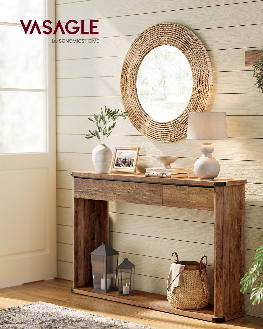 Narrow console table with drawers and bottom shelf