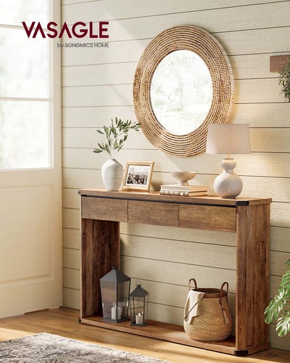 Narrow console table with drawers and bottom shelf