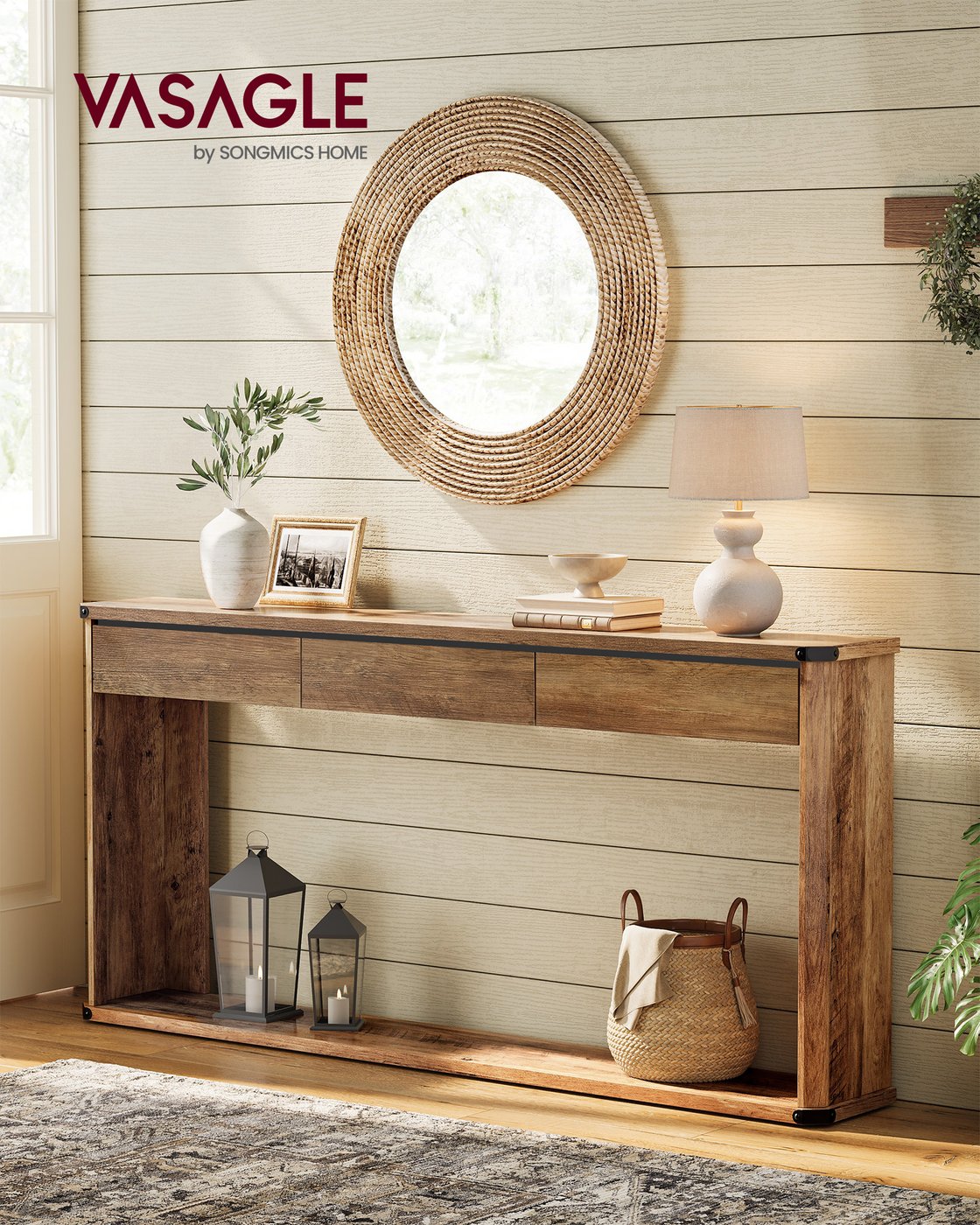 Narrow console table with drawers and bottom shelf