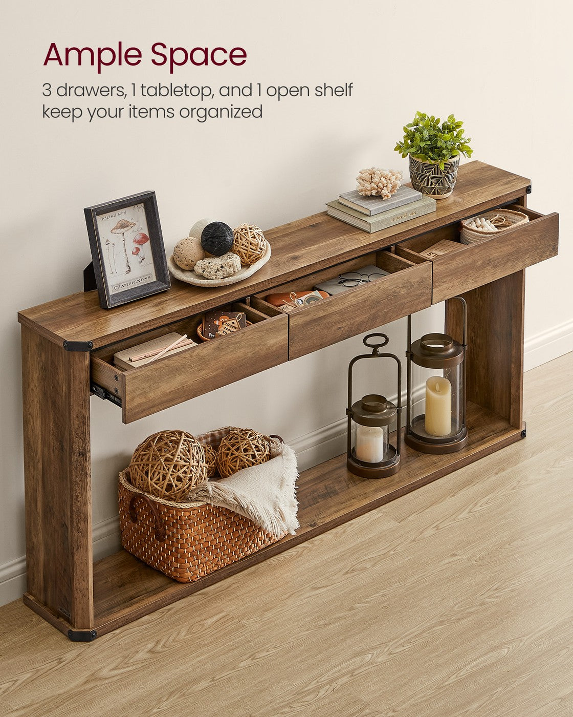 Narrow console table with drawers and bottom shelf
