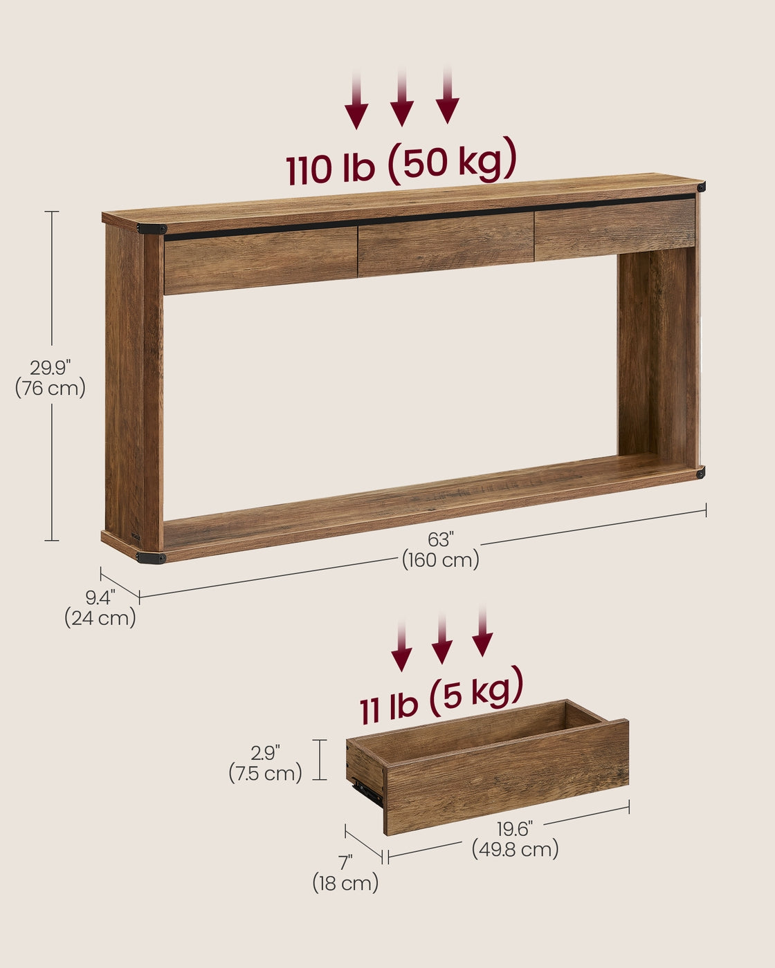 Narrow console table with drawers and bottom shelf