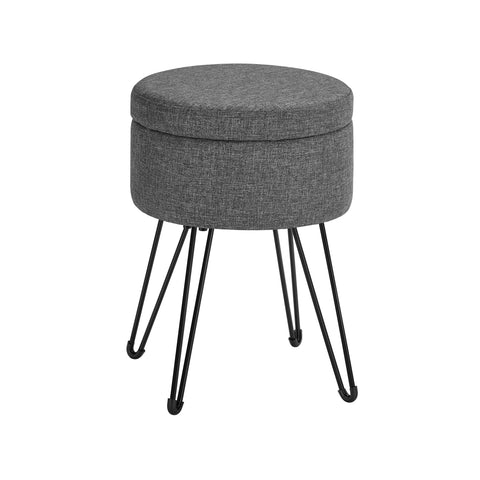 Round Storage Ottoman, Small Ottoman Stool with Storage, Vanity Chair, Footrest, 12.2 Dia. x 16.9 Inches, Metal Legs, for Living Room, Bedroom, Dark Gray ULOM002G01