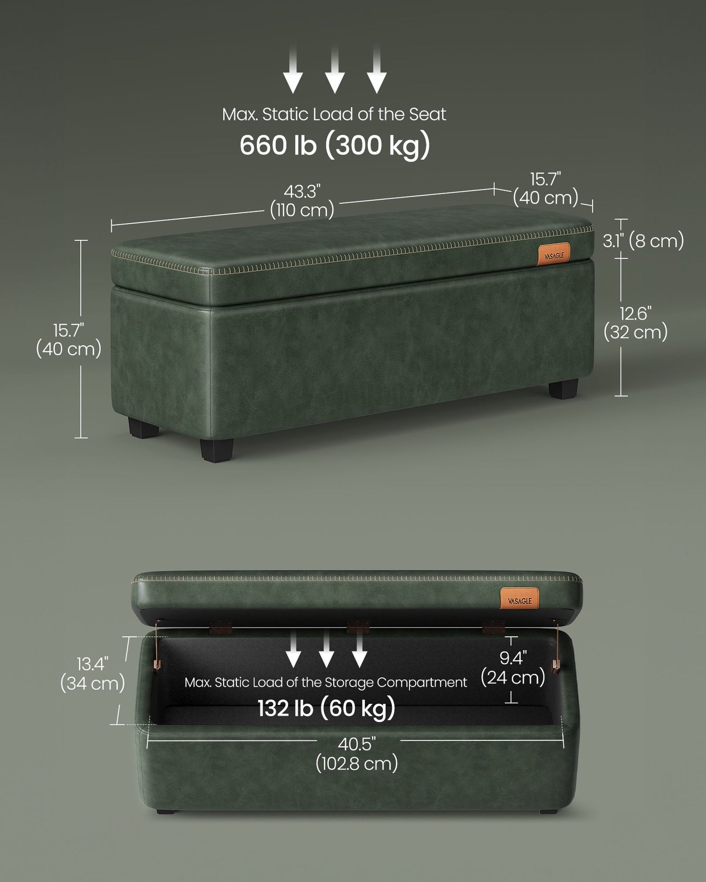 EKHO Collection - Storage Ottoman Bench, Forest Green - HWLEXTRA 