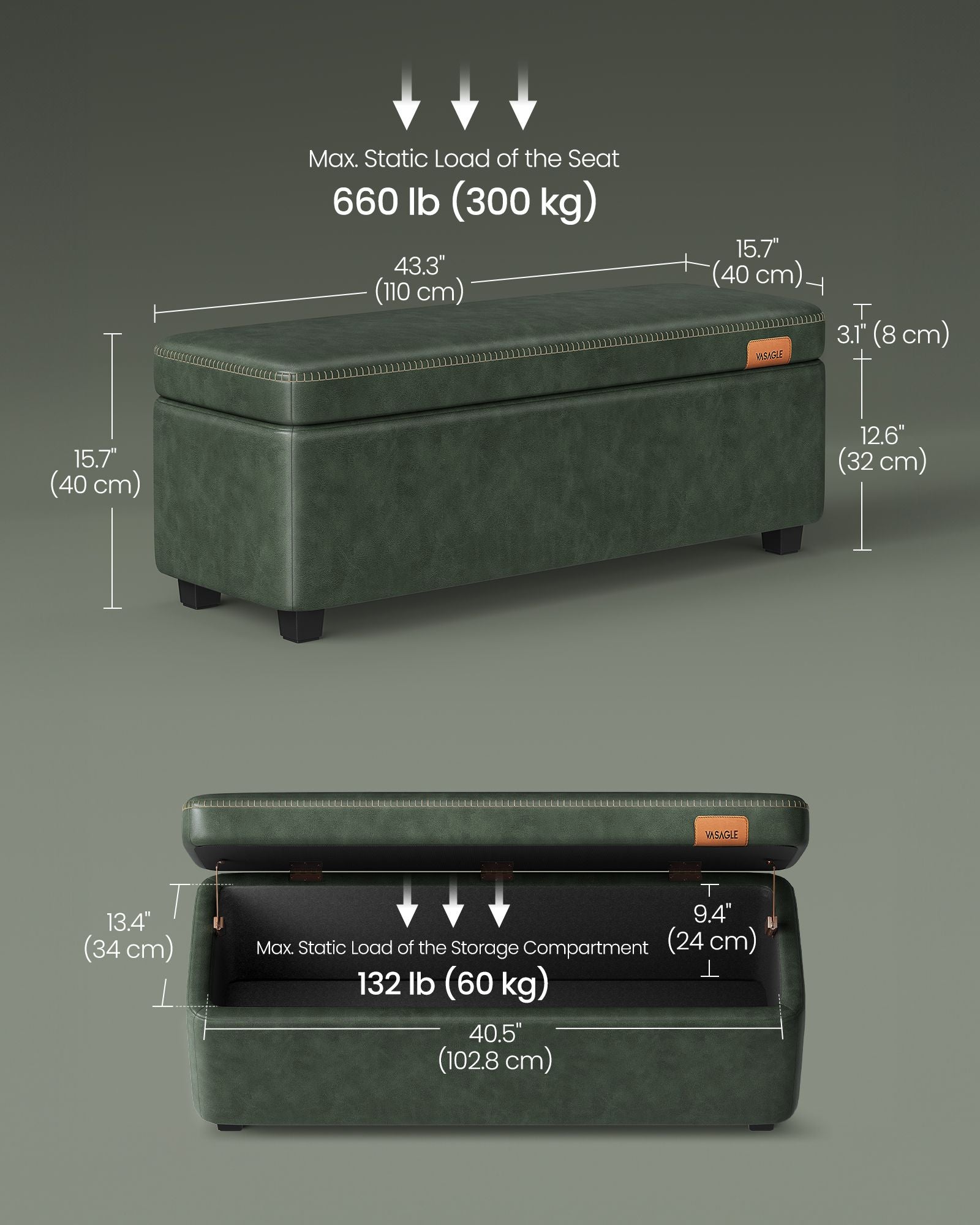 EKHO Collection - Storage Ottoman Bench, Forest Green - HWLEXTRA 