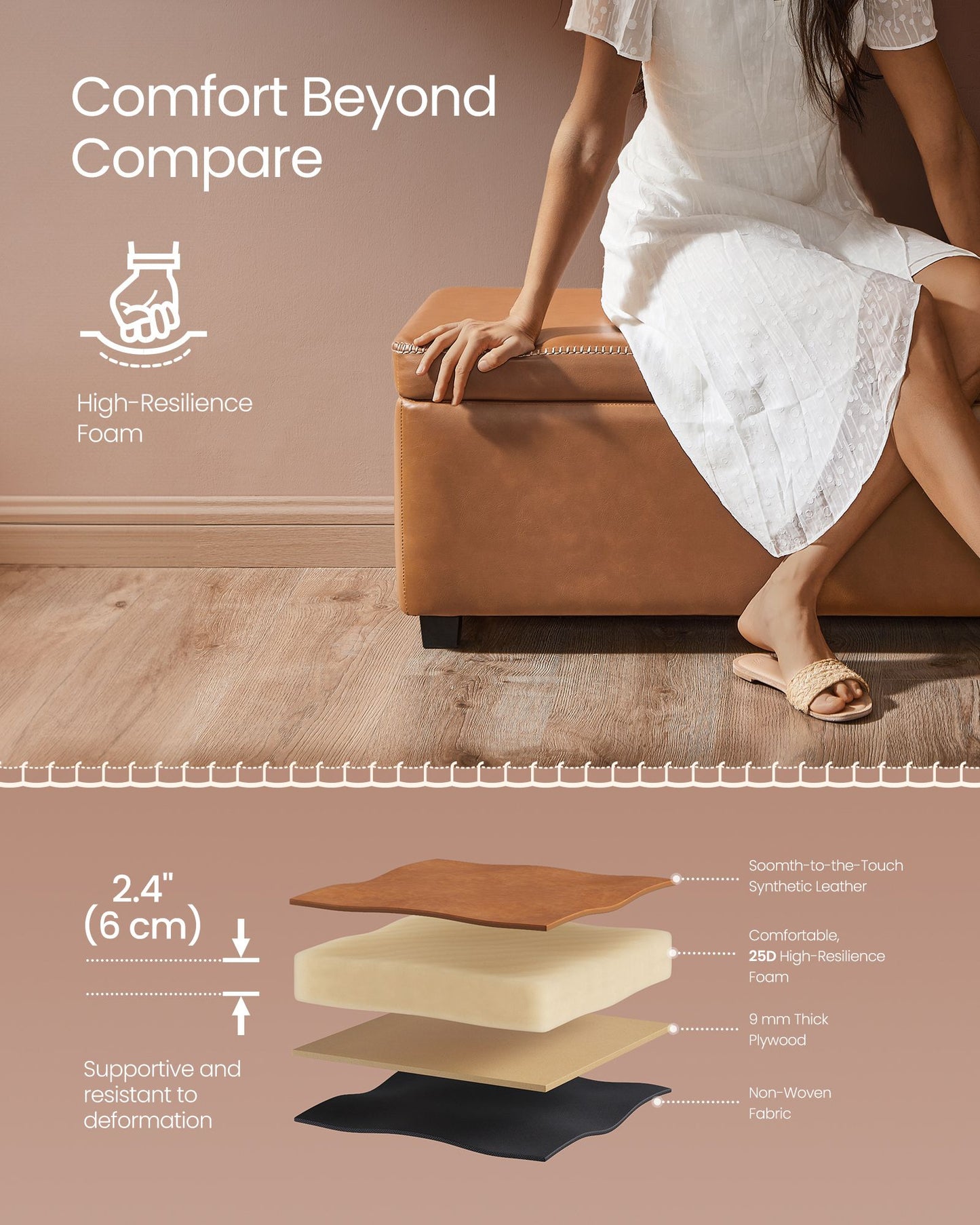 EKHO Collection - Storage Ottoman Bench, Caramel Brown - HWLEXTRA 