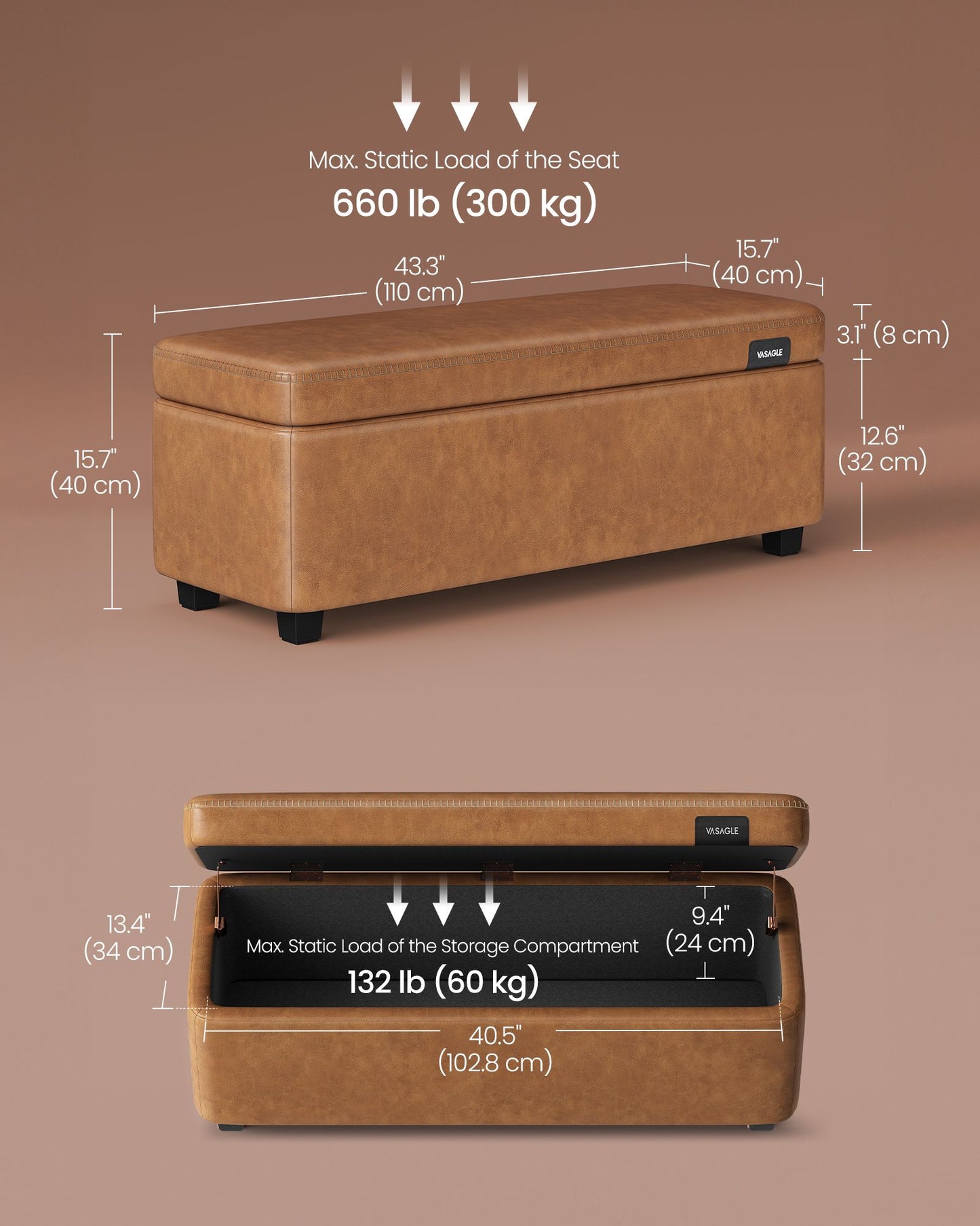 EKHO Collection - Storage Ottoman Bench, Caramel Brown - HWLEXTRA 
