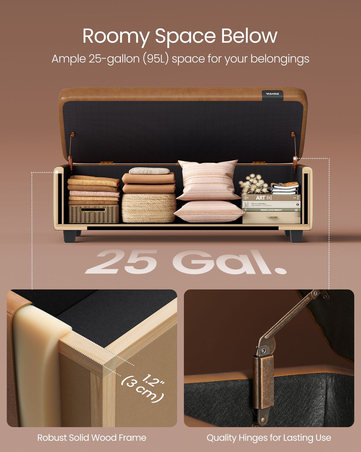EKHO Collection - Storage Ottoman Bench, Caramel Brown - HWLEXTRA 