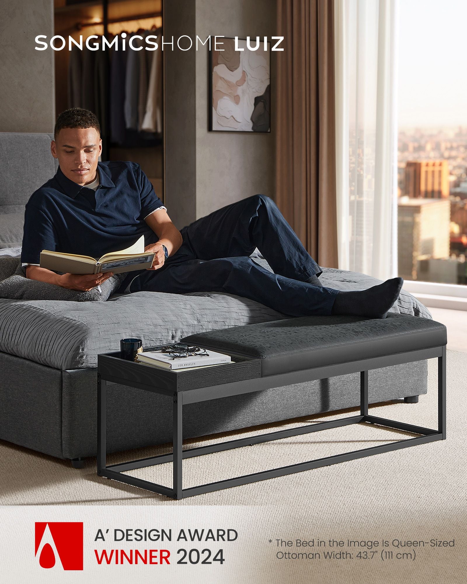 LUIZ Collection - Ottoman Bench with Small Shelf, Ink Black