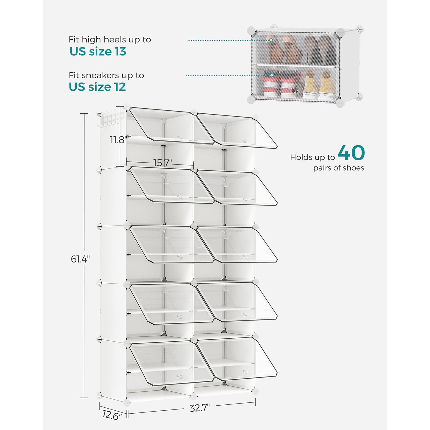 10 Cubes Shoe Organizer with Doors, Holds Up to 40 Pair of Shoes - HWLEXTRA 