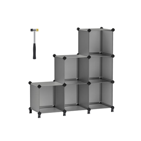 Cube Storage Organizer, 6-Cube Bookshelf, Customizable Plastic Cabinet, Modular Bookcase, Storage Shelving for Bedroom, Living Room, Home Office, with Rubber Mallet, Gray ULPC06G