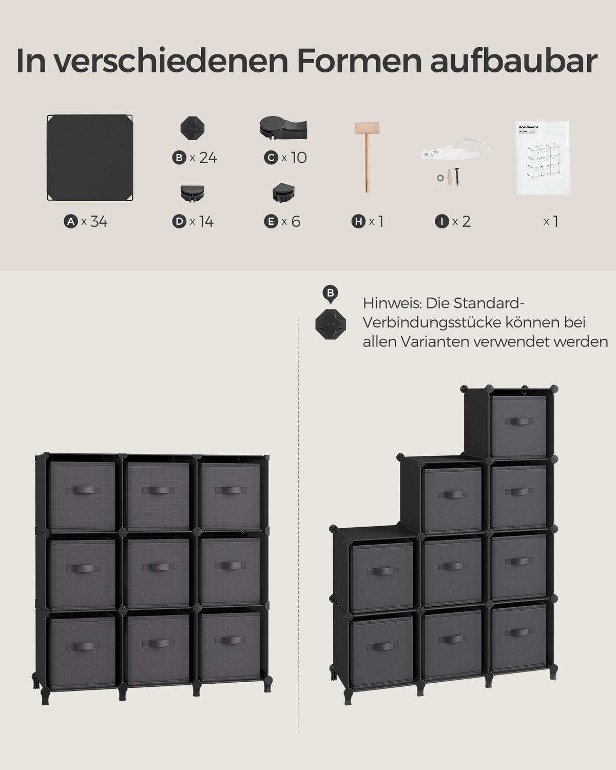 Cube Organiser with 9 Storage Boxes Ink Black and Dove Grey