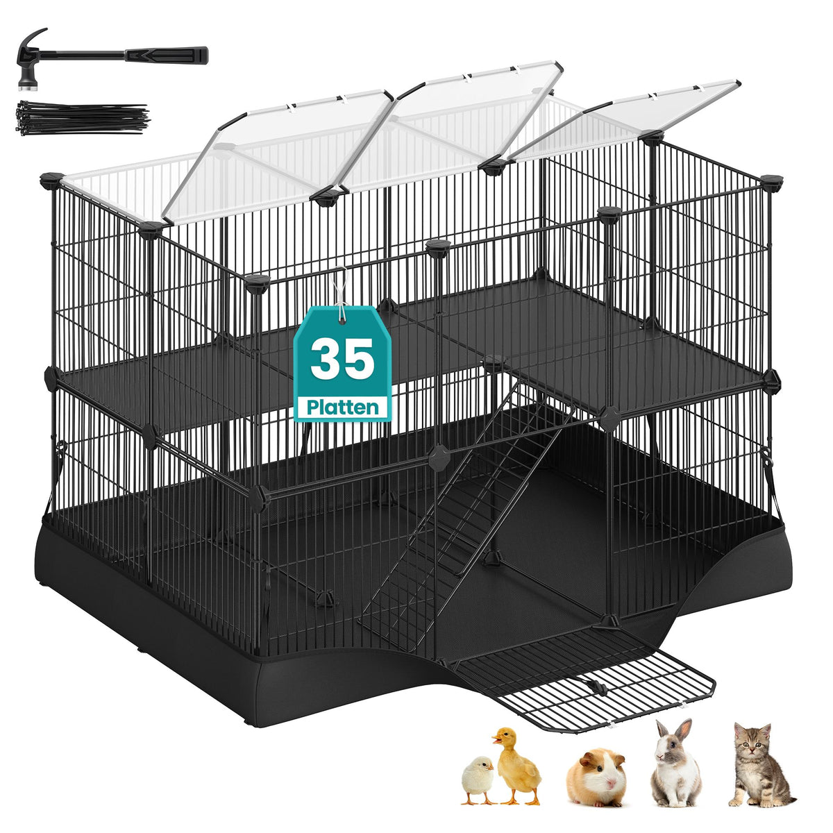 2-Tier Small Animal Playpen Cage with Waterproof Mat 35 Panels 93 x 63 x 61.5 cm Ink Black