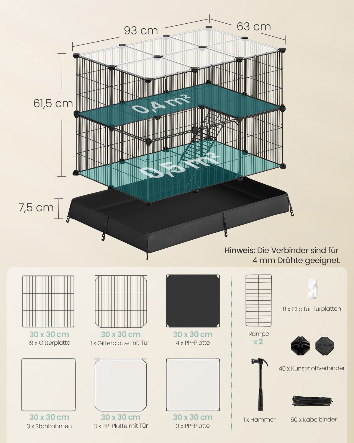 2-Tier Small Animal Playpen Cage with Waterproof Mat 35 Panels 93 x 63 x 61.5 cm Ink Black
