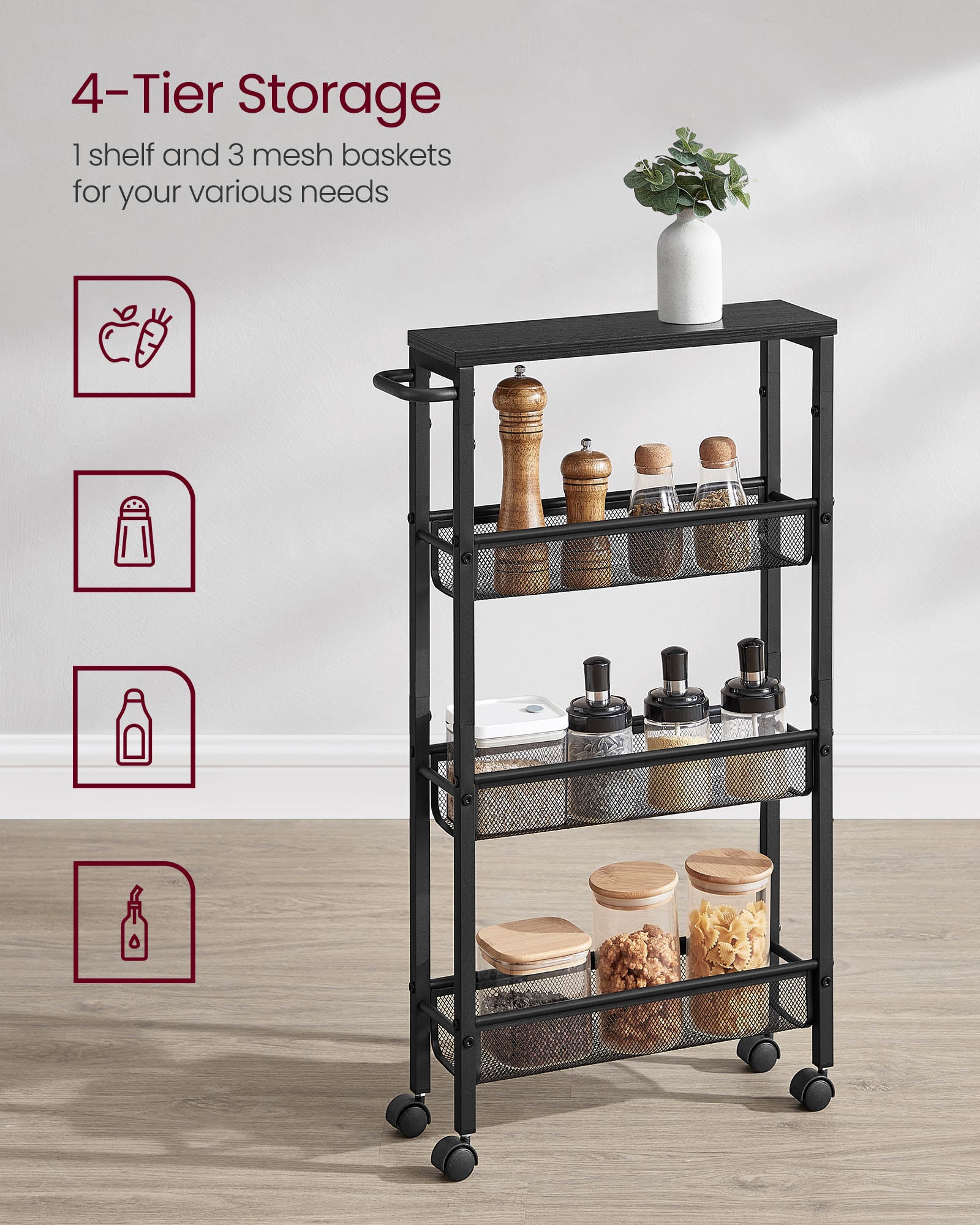 4-Tier Slim Rolling Storage Cart - HWLEXTRA 