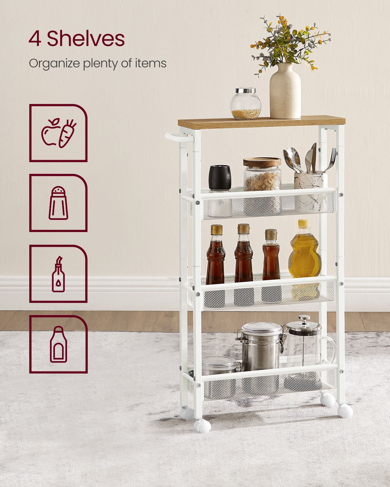 4-Tier Slim Rolling Storage Cart - HWLEXTRA 