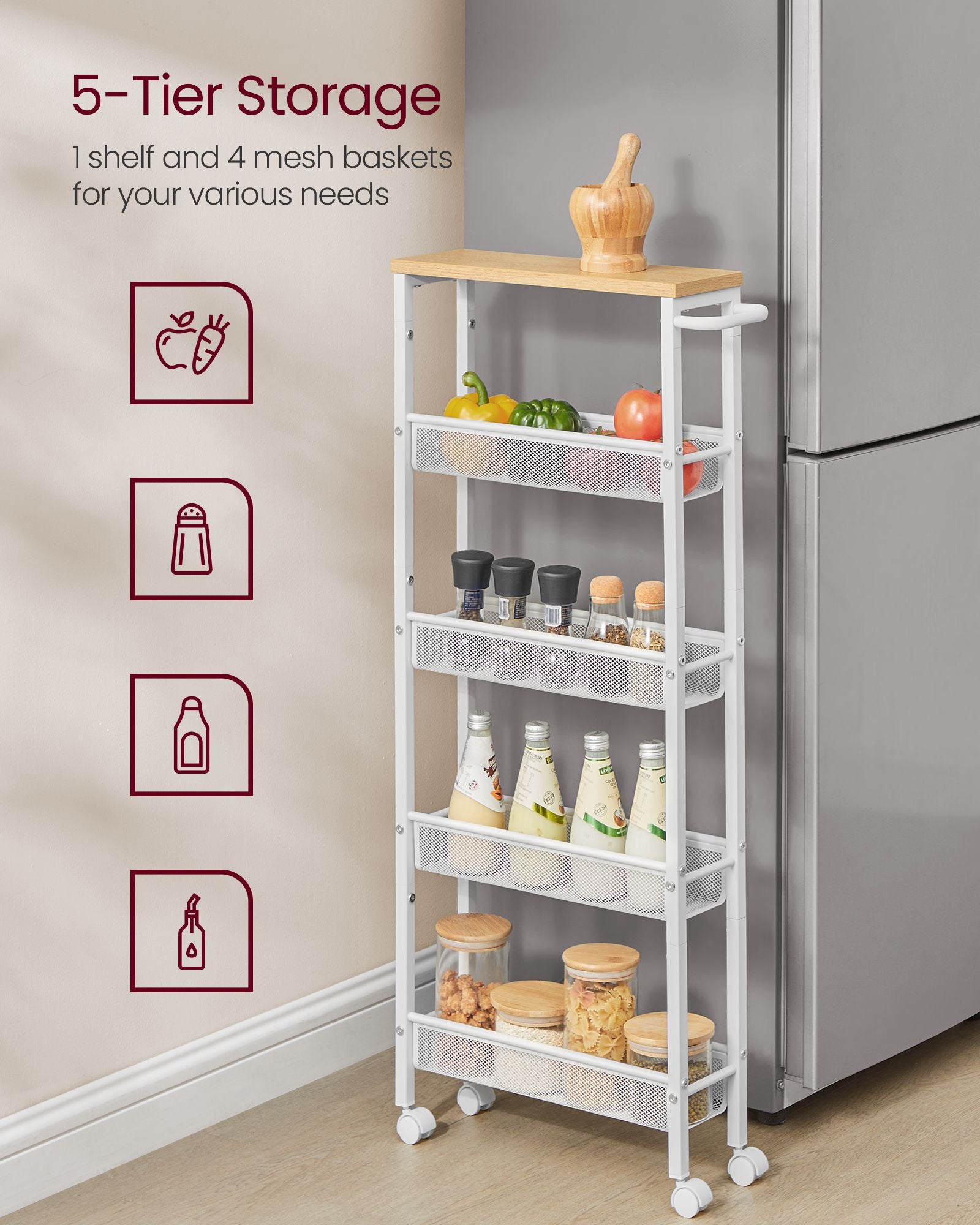 5-Tier Slim Rolling Storage Cart - HWLEXTRA 