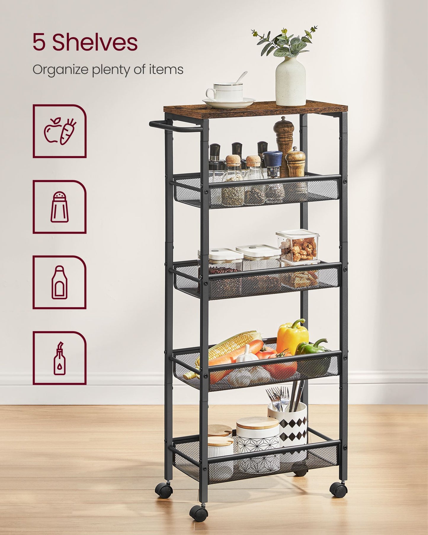 5-Tier Slim Rolling Cart Storage Cart - HWLEXTRA 