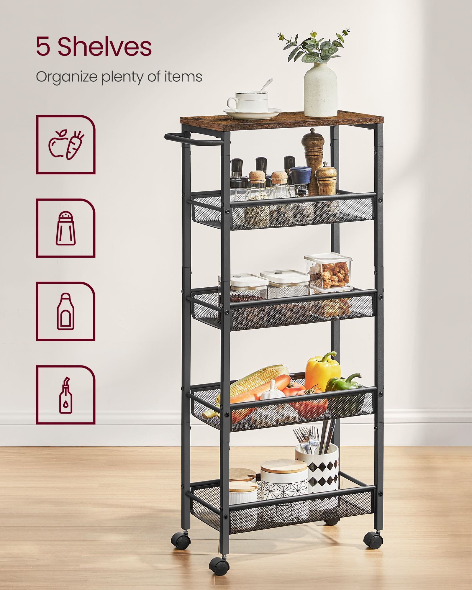 5-Tier Slim Rolling Cart Storage Cart - HWLEXTRA 