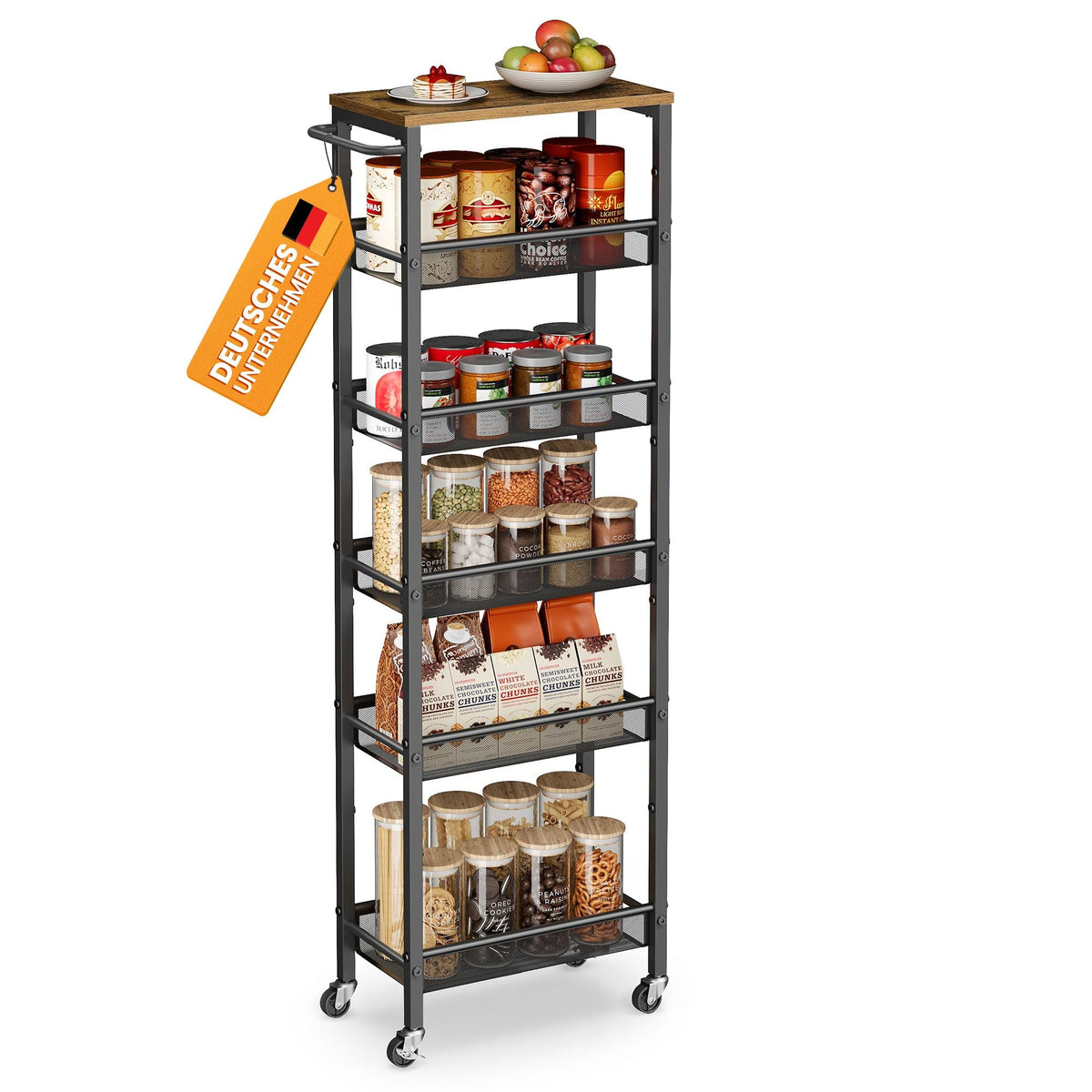 6-Tier Narrow Rolling Kitchen Cart — Rustic Brown and Matte Black - image 1