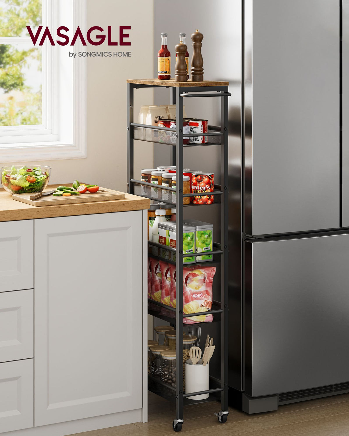 6-Tier Narrow Rolling Kitchen Cart — Rustic Brown and Matte Black