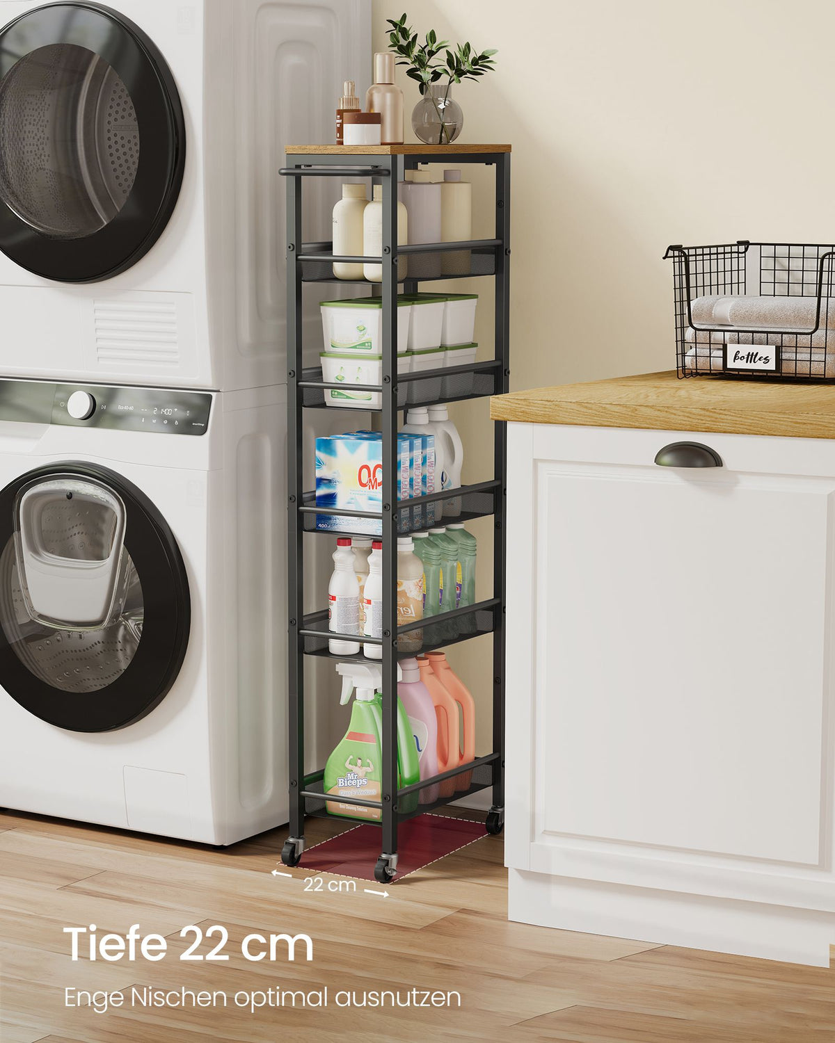6-Tier Narrow Rolling Kitchen Cart — Rustic Brown and Matte Black