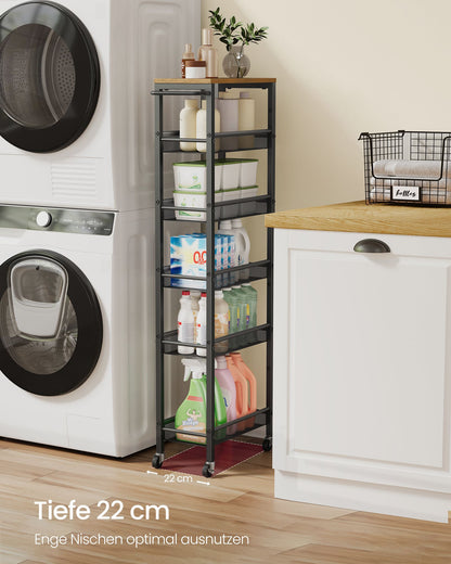 6-Tier Narrow Rolling Kitchen Cart — Rustic Brown and Matte Black