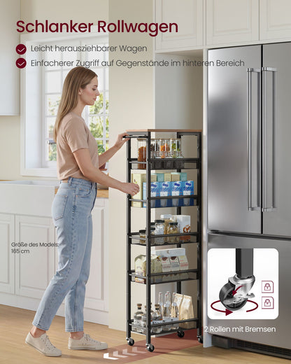 6-Tier Narrow Rolling Kitchen Cart — Rustic Brown and Matte Black