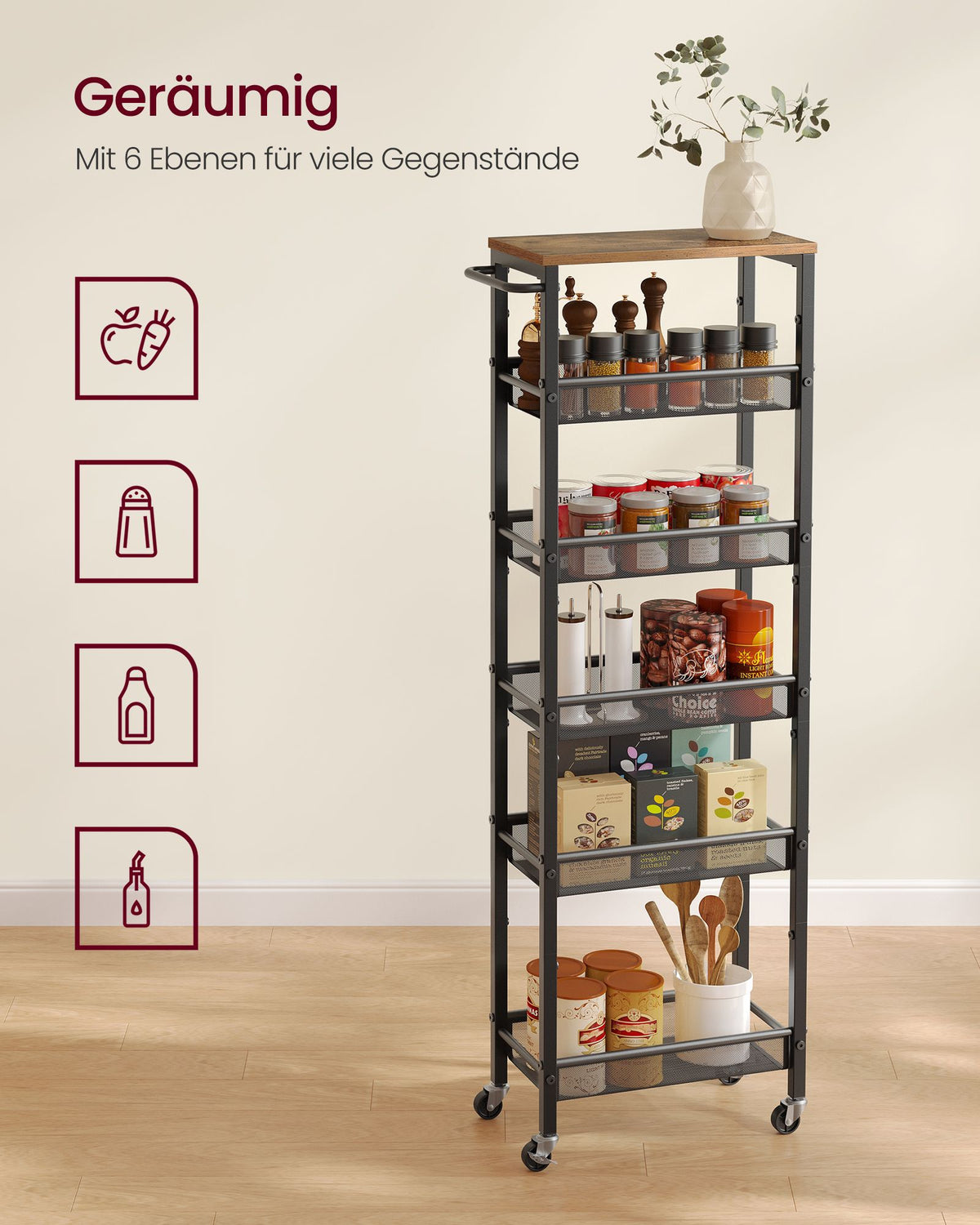 6-Tier Narrow Rolling Kitchen Cart — Rustic Brown and Matte Black