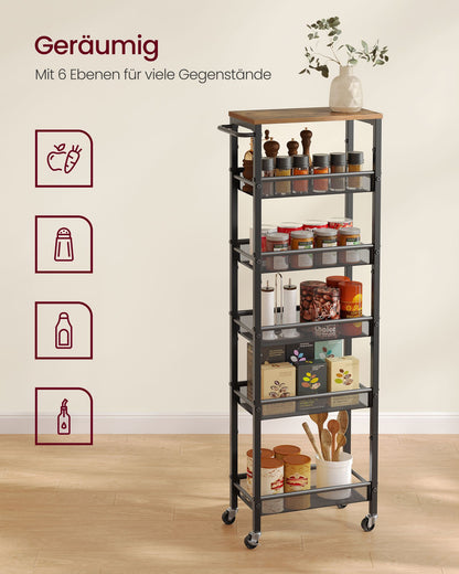 6-Tier Narrow Rolling Kitchen Cart — Rustic Brown and Matte Black